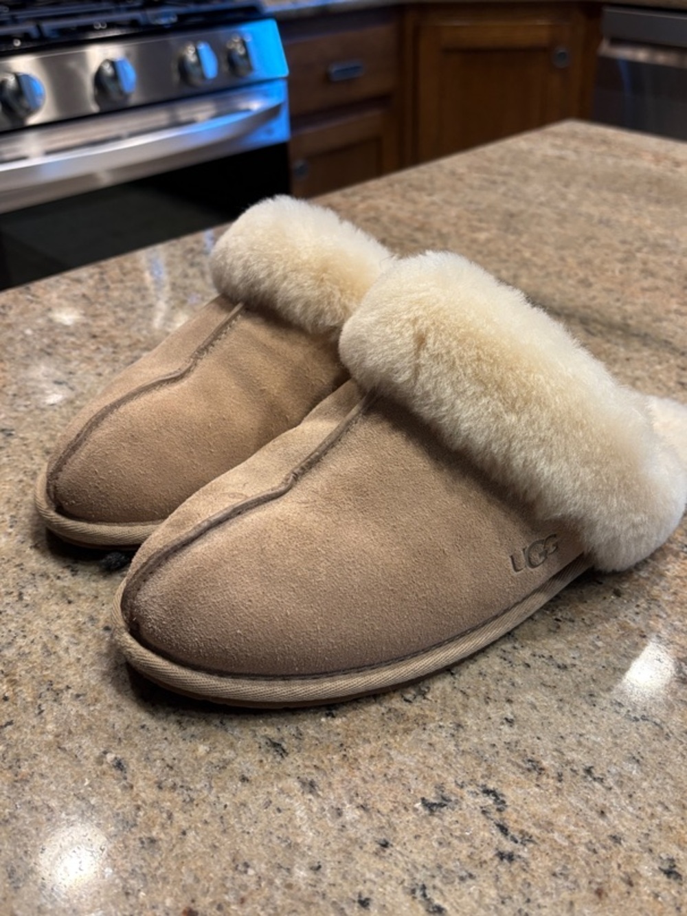 UGG Chestnut/Tan Suede Sheepskin Slip-On Clog with Cream Fur Cuff